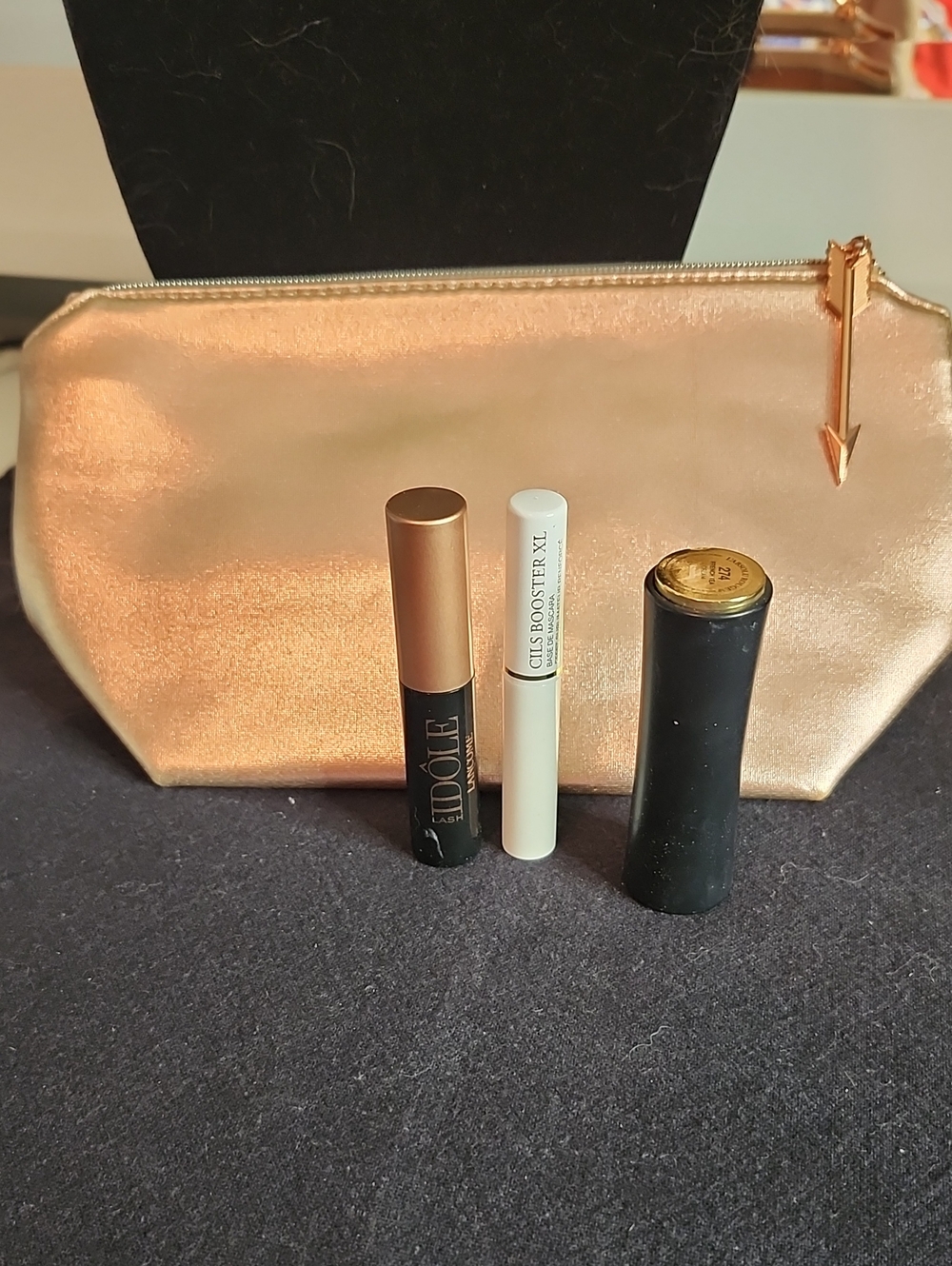 Lancome Rose Gold Makeup Bag with Black Mascara, White Lash Booster, & Lipstick